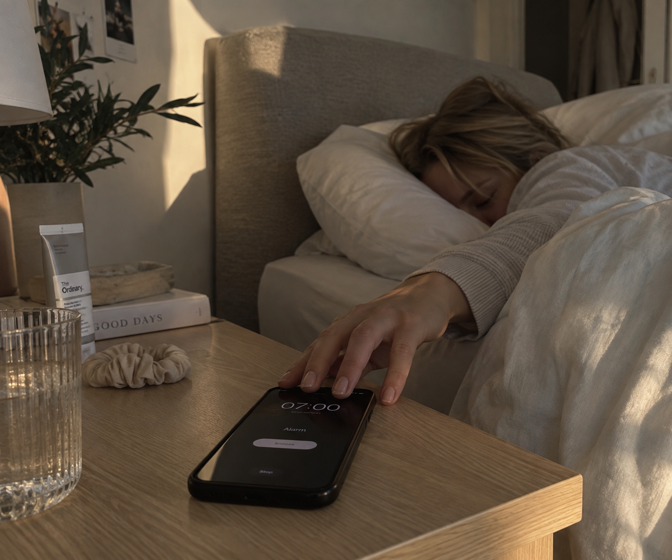 En hånd rekker mot mobilen på nattbordet