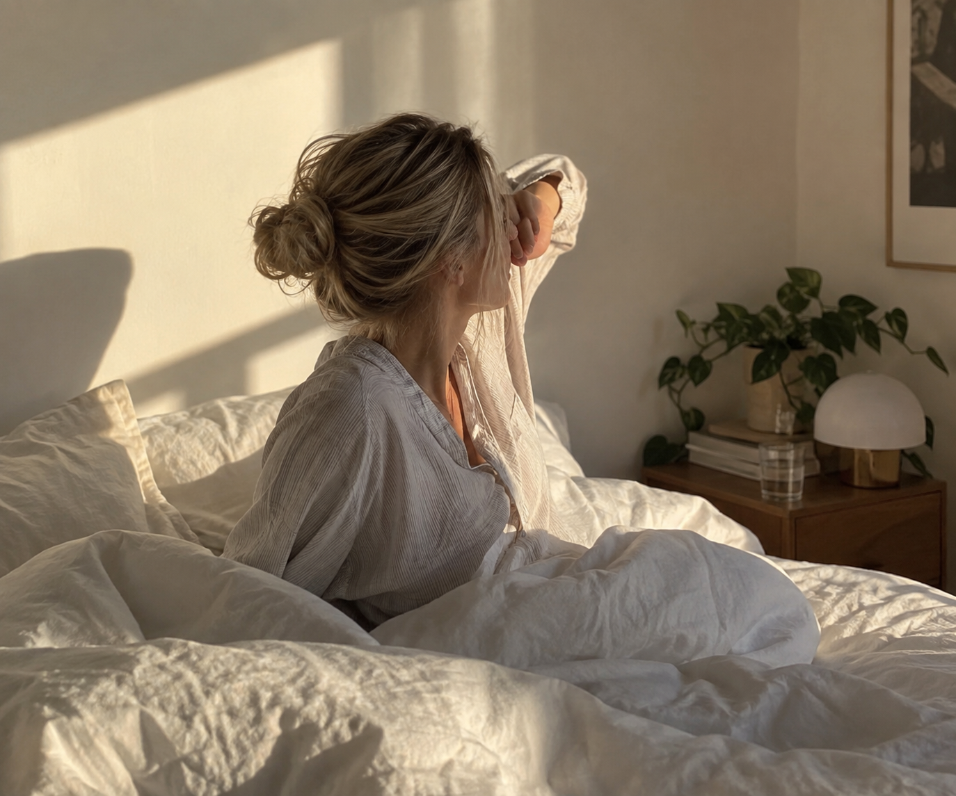 En kvinne strekker seg i sengen i morgenlyset
